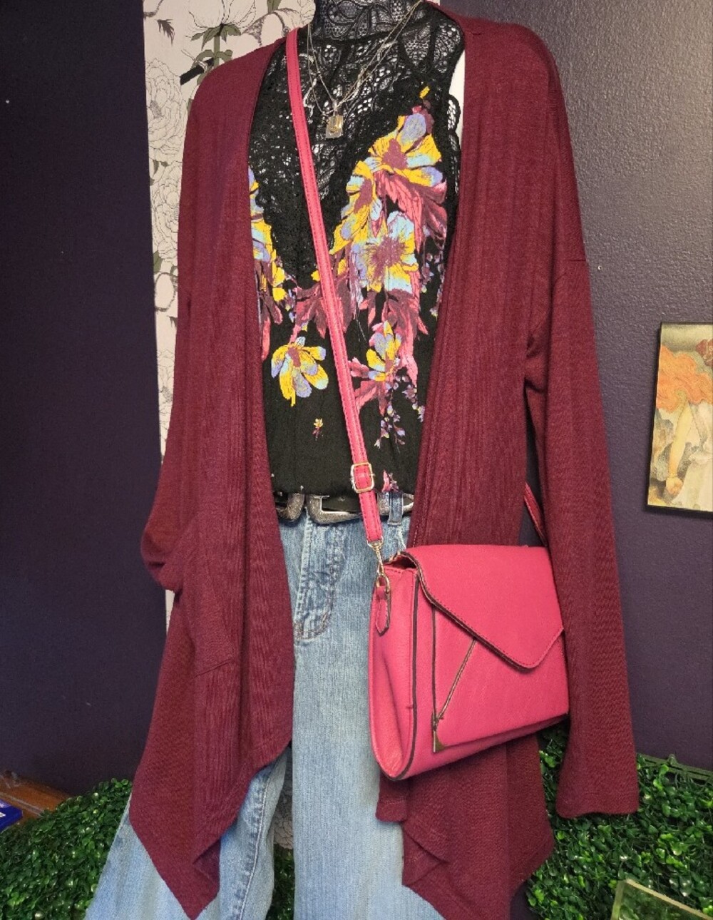 Mudd Draped Open-Front Cardigan in Burgundy Wine Sz L